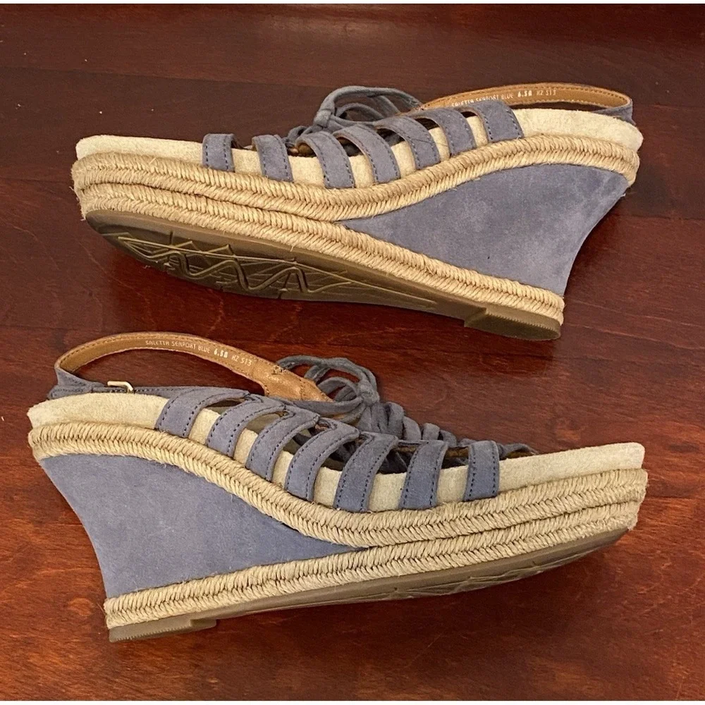 Earthics Saletta Seaport Blue Suede Leather Espadrille Wedge Size 6.5R KZ513